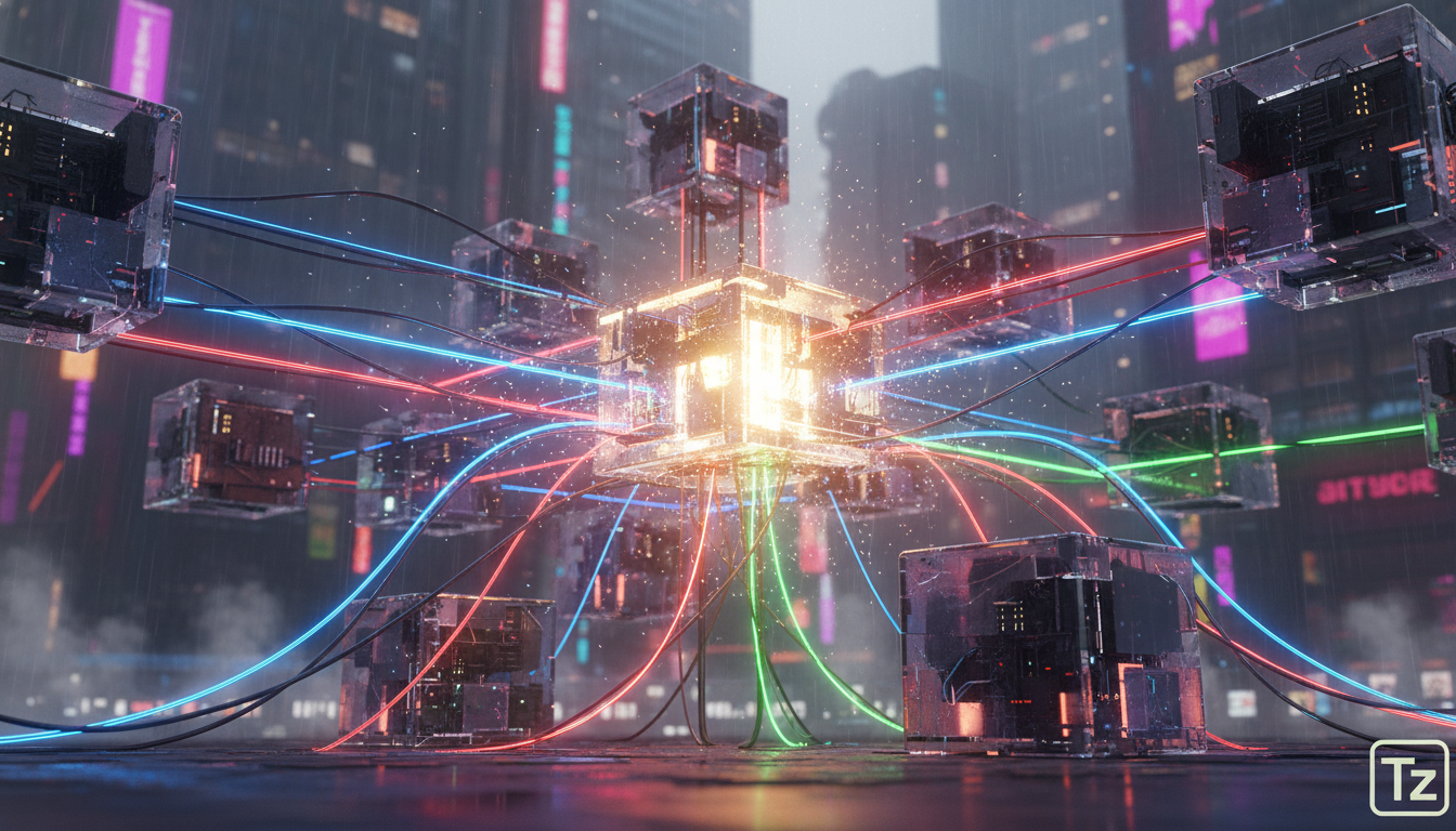 Attention Residuals: A Nova Arquitetura de IA que Impulsiona a Performance — Ilustração de blocos de construção interconectados, cada bloco representando uma camada de uma rede neural. As setas de con