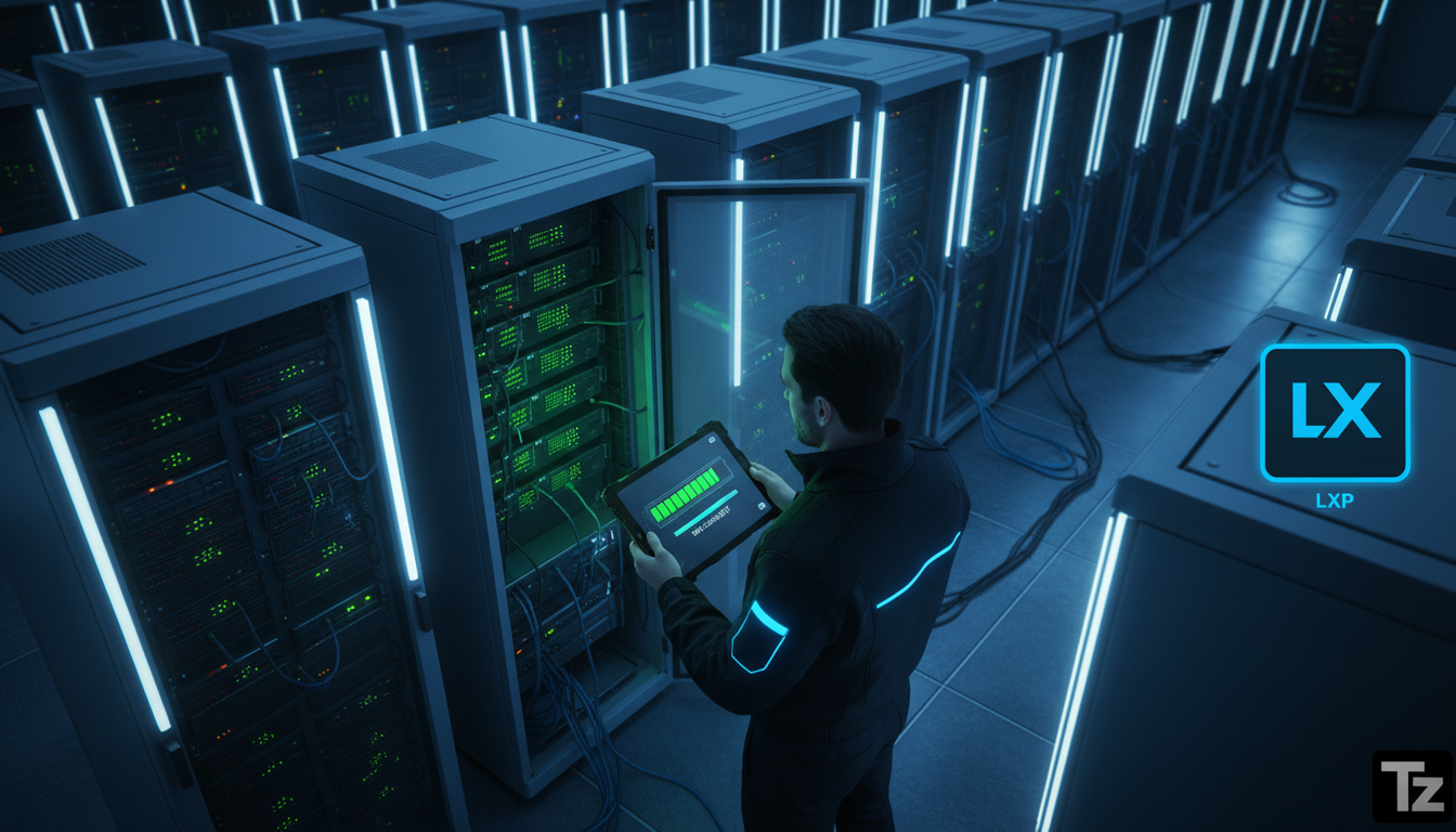 Atualizações Remotas no Raspberry Pi: Automação Corporativa Eficiente — Visão aérea de um data center com fileiras de servidores. Em um dos servidores, um técnico está usando um tablet com o logo da T