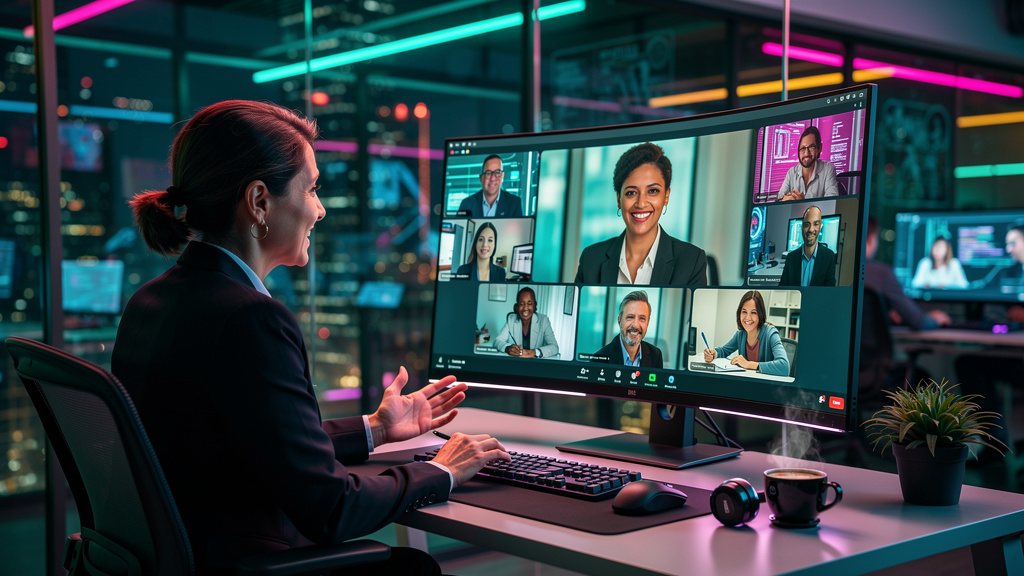 Aulas ao Vivo: Guia Completo para Educação Corporativa — Um instrutor conduzindo uma aula ao vivo em uma plataforma de videoconferência. A tela principal mostra o instrutor, enquanto pequenas janelas 