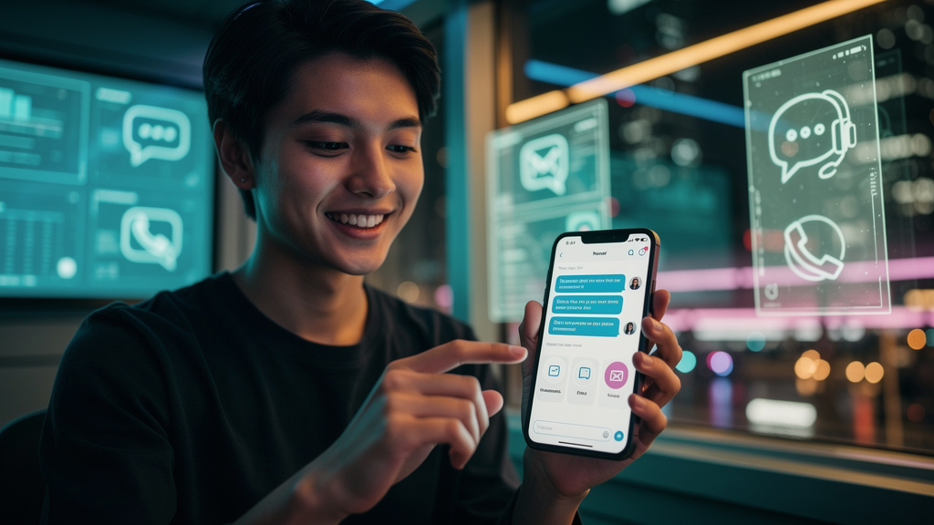 Autoatendimento: O Guia Completo para sua Central de Atendimento Omnichannel — Uma pessoa sorrindo enquanto interage com um chatbot em um smartphone. Balões de diálogo coloridos mostram opções de auto