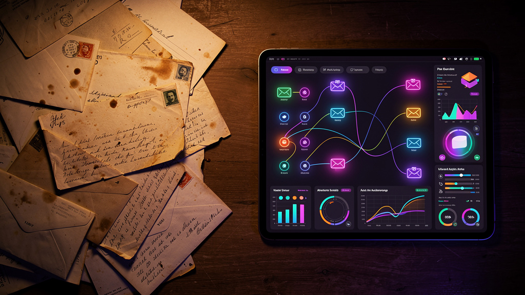 Automação de E-mails com IA: Prospecção em Escala — Close-up de uma pilha de cartas de papel antigas, desorganizadas e empoeiradas, contrastando com um tablet moderno exibindo um painel de controle de