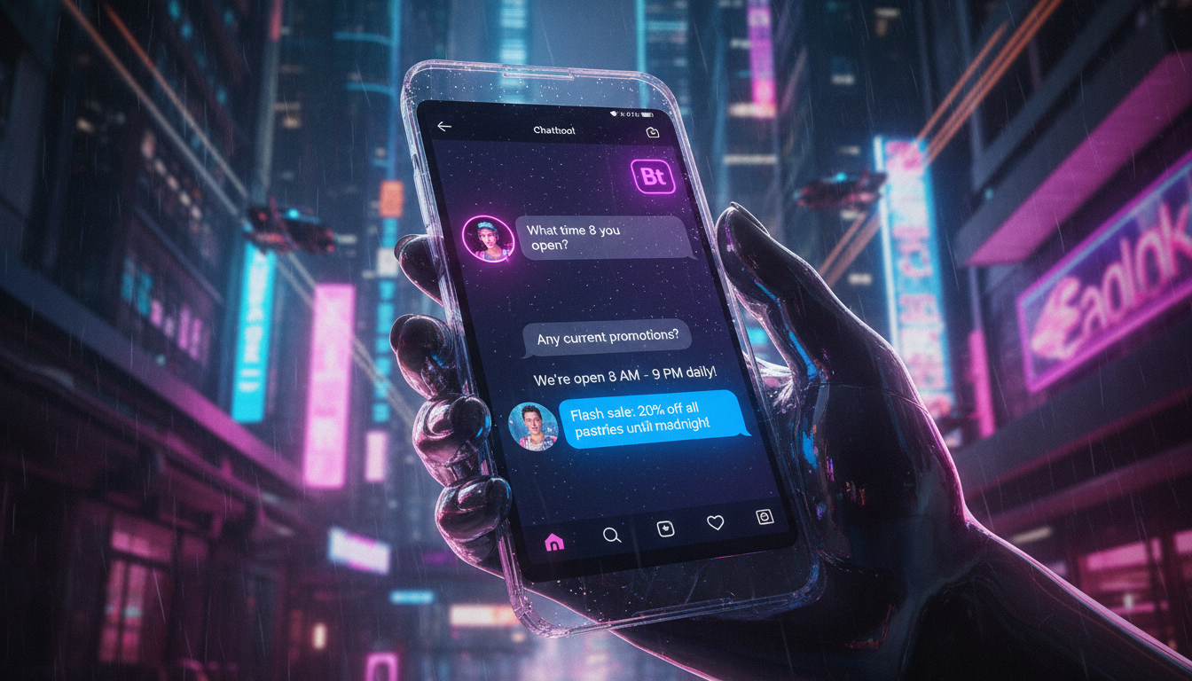 Automação de Marketing Instagram para iniciantes: tudo o que você precisa saber — Close-up de um smartphone exibindo uma interface de chatbot do Instagram. O chatbot responde automaticamente a pergunt