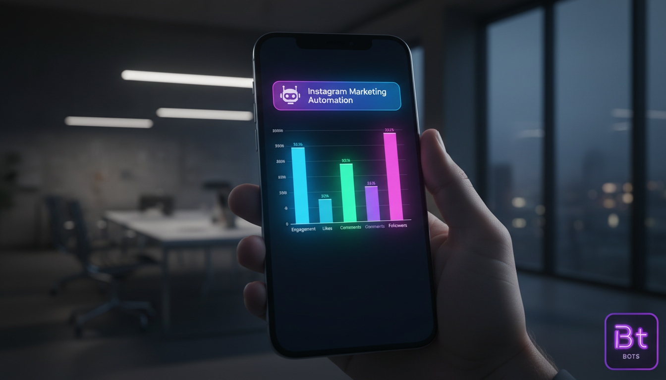 Automação de Marketing no Instagram Explicado: Do Básico ao Essencial — Close-up de uma tela de smartphone mostrando um painel de controle de automação do Instagram. Gráficos de barras coloridos exibe