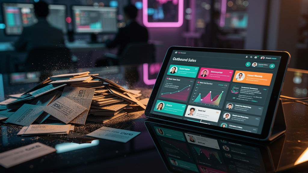 Automação de Outbound com IA: Prospecção Ativa em Escala — Um close-up de uma pilha de cartões de visita tradicionais, desorganizados e empoeirados, contrastando com um tablet moderno exibindo um pain