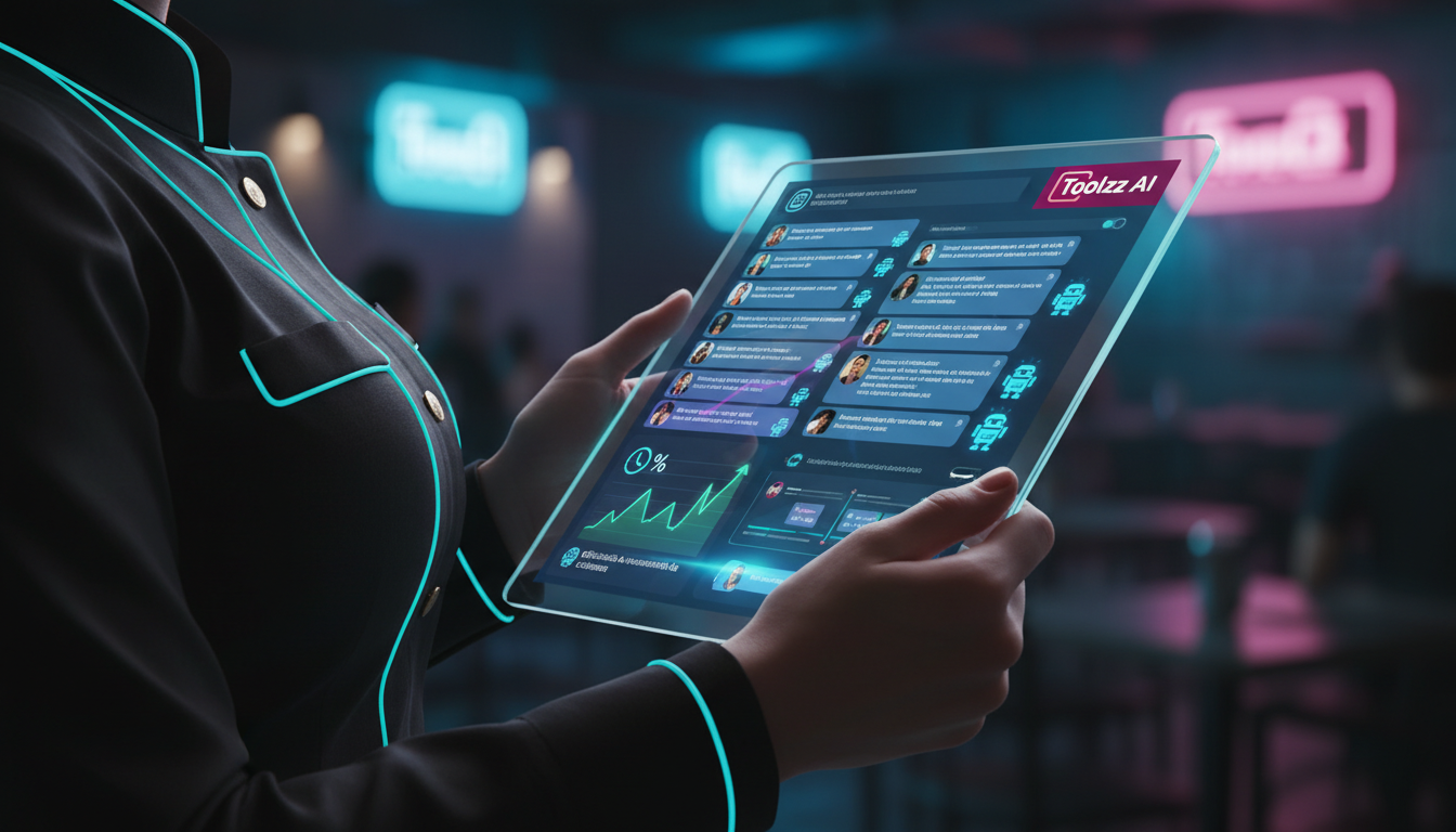 Automação do Instagram e o futuro do trabalho — Close-up das mãos de uma atendente de restaurante, usando um tablet. Na tela do tablet, um dashboard da Toolzz AI mostra múltiplas conversas do Instagra