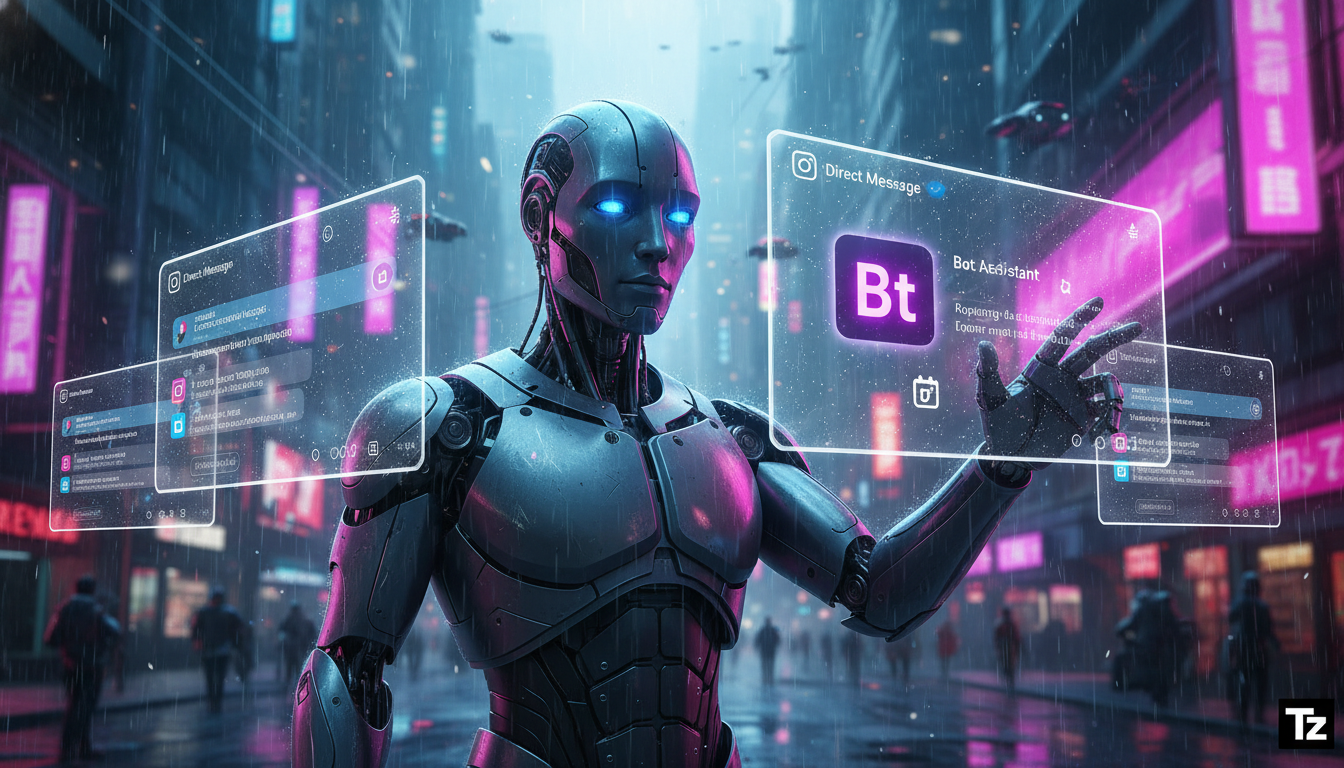 Automação do Instagram para resolver a falta de leads em 2024 — A stylized illustration depicting a friendly AI assistant (represented by a cartoon-like robot with a helpful expression) interacting wi