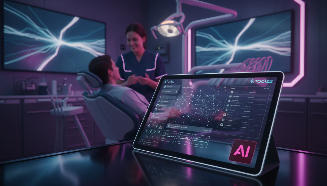 Automação Instagram 2026 descomplicado: guia visual e prático — Um consultório odontológico moderno e minimalista. No primeiro plano, um tablet exibe a interface de um Agente SDR AI da Toolzz, mostran