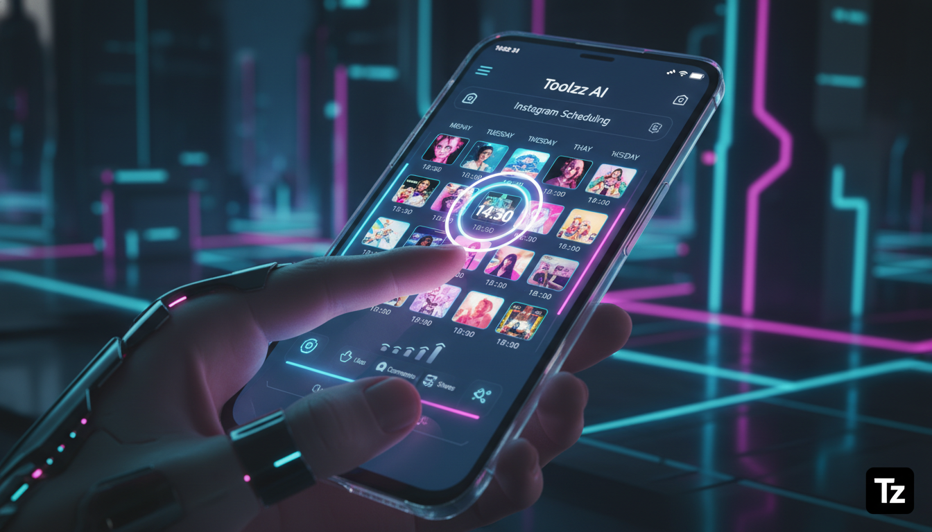 Automação Instagram 2026: o que é, como funciona e por que importa — Um close-up de um smartphone exibindo um painel de controle da Toolzz AI. O painel mostra um calendário de agendamento de posts do 