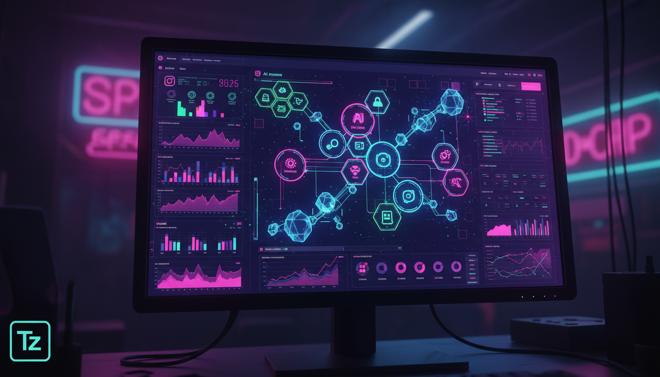 Automação Instagram 2026: o que vem aí — Close-up de uma tela de computador mostrando uma interface de software de IA analisando dados de comportamento do usuário do Instagram. A interface exibe gráfi