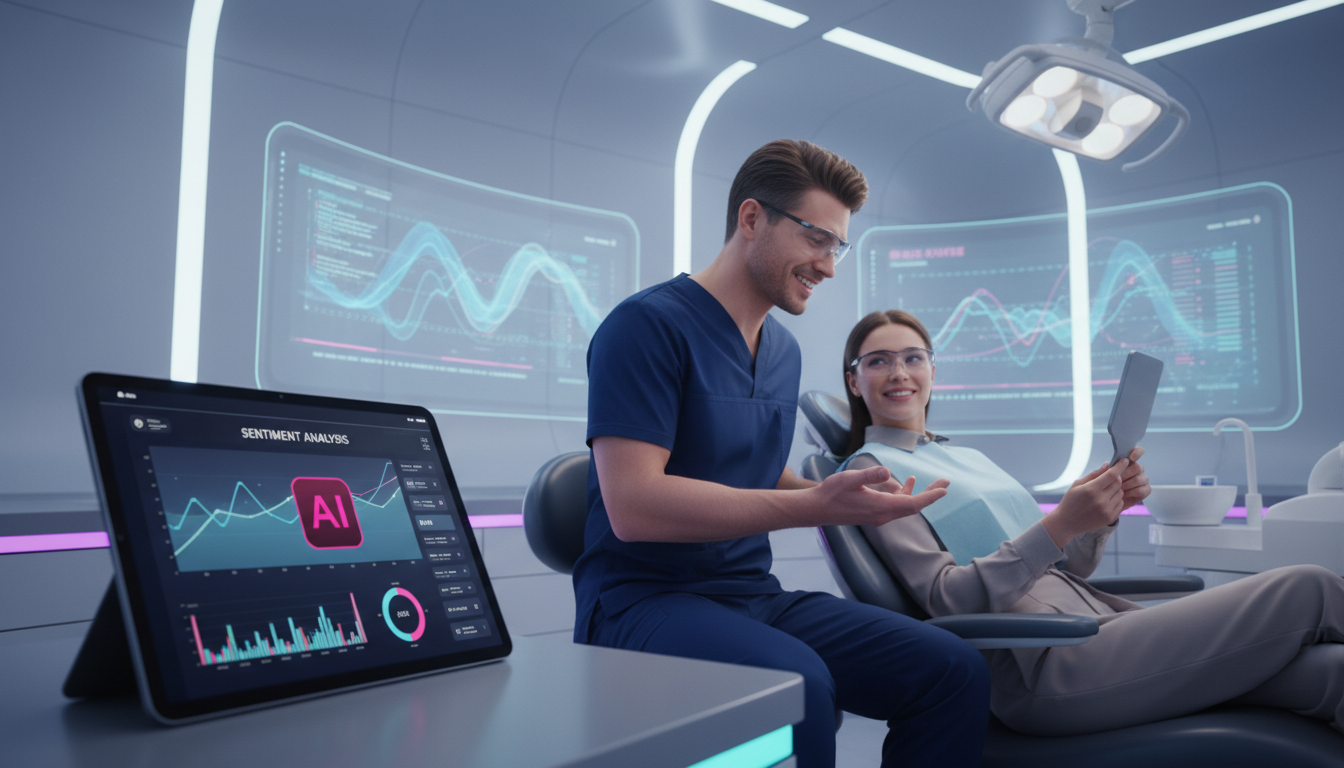 Automação Instagram e inovação: como se conectam — Um consultório odontológico moderno e bem iluminado, com um dentista sorrindo e interagindo com um paciente. No canto inferior da imagem, um tablet e