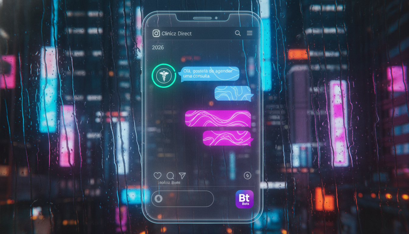 Automação Instagram em números: dados e estatísticas de 2026 — Uma tela de chatbot de IA simulada dentro do Direct do Instagram, mostrando uma conversa entre um usuário (avatar de perfil de clínica mé