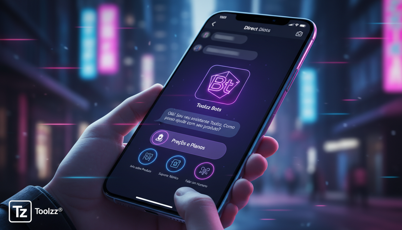 Automação Instagram: o que é, como funciona e por que importa — Close-up em um smartphone mostrando uma conversa automatizada via Direct do Instagram. O chatbot da Toolzz responde a perguntas sobre um