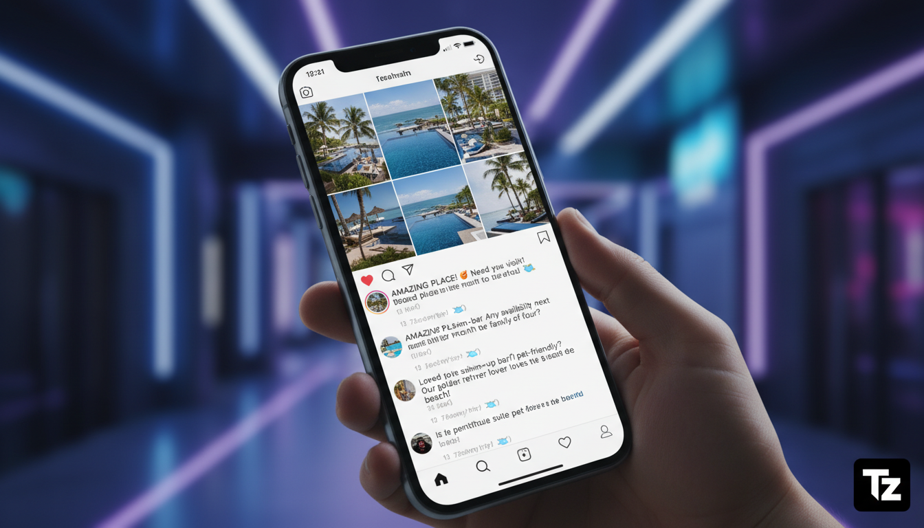 Automação Instagram vs Agente SDR AI: qual vale mais a pena? — Close-up de um smartphone mostrando uma tela do Instagram com vários comentários automatizados em posts de hotéis e resorts. Alguns comen