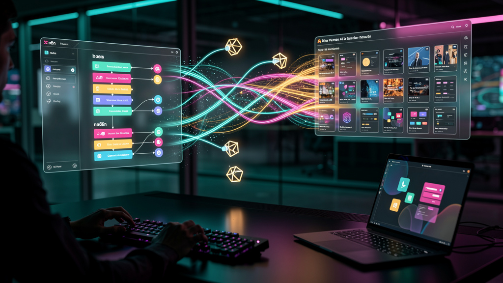 Automação Inteligente: Buscando Informações com n8n e Vertex AI Search — Diagrama visual do fluxo de dados do n8n conectando-se ao Vertex AI Search. Um painel lateral do n8n mostra a interface de conf