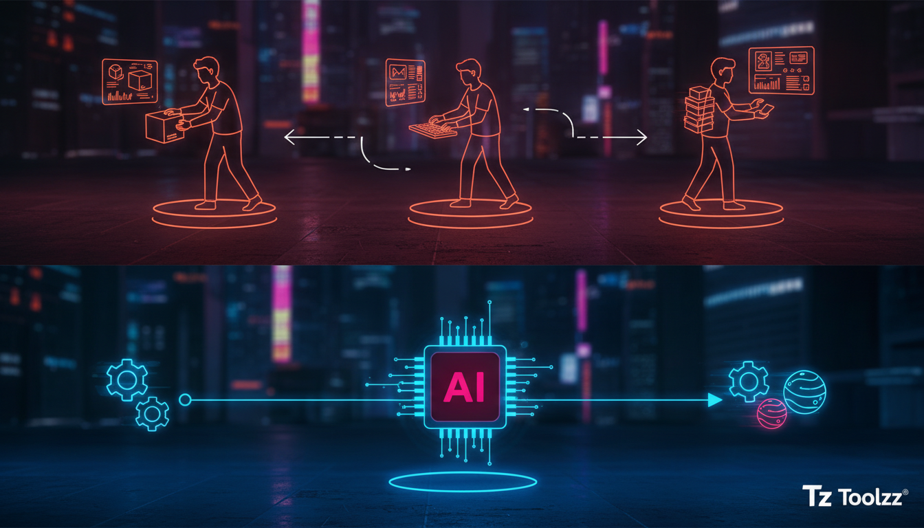 Automação Inteligente: O Futuro da Produtividade com Agentes de IA — Um diagrama infográfico dividido em duas seções. Na seção superior: um fluxo de trabalho tradicional com várias etapas manuais, rep