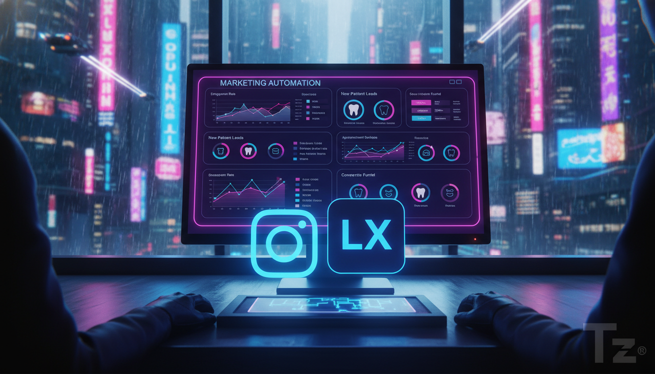 Automação no Instagram é a solução para aumentar as vendas na odontologia — Uma tela de computador mostrando um painel de controle de automação de marketing do Instagram. Diversos gráficos e métricas 