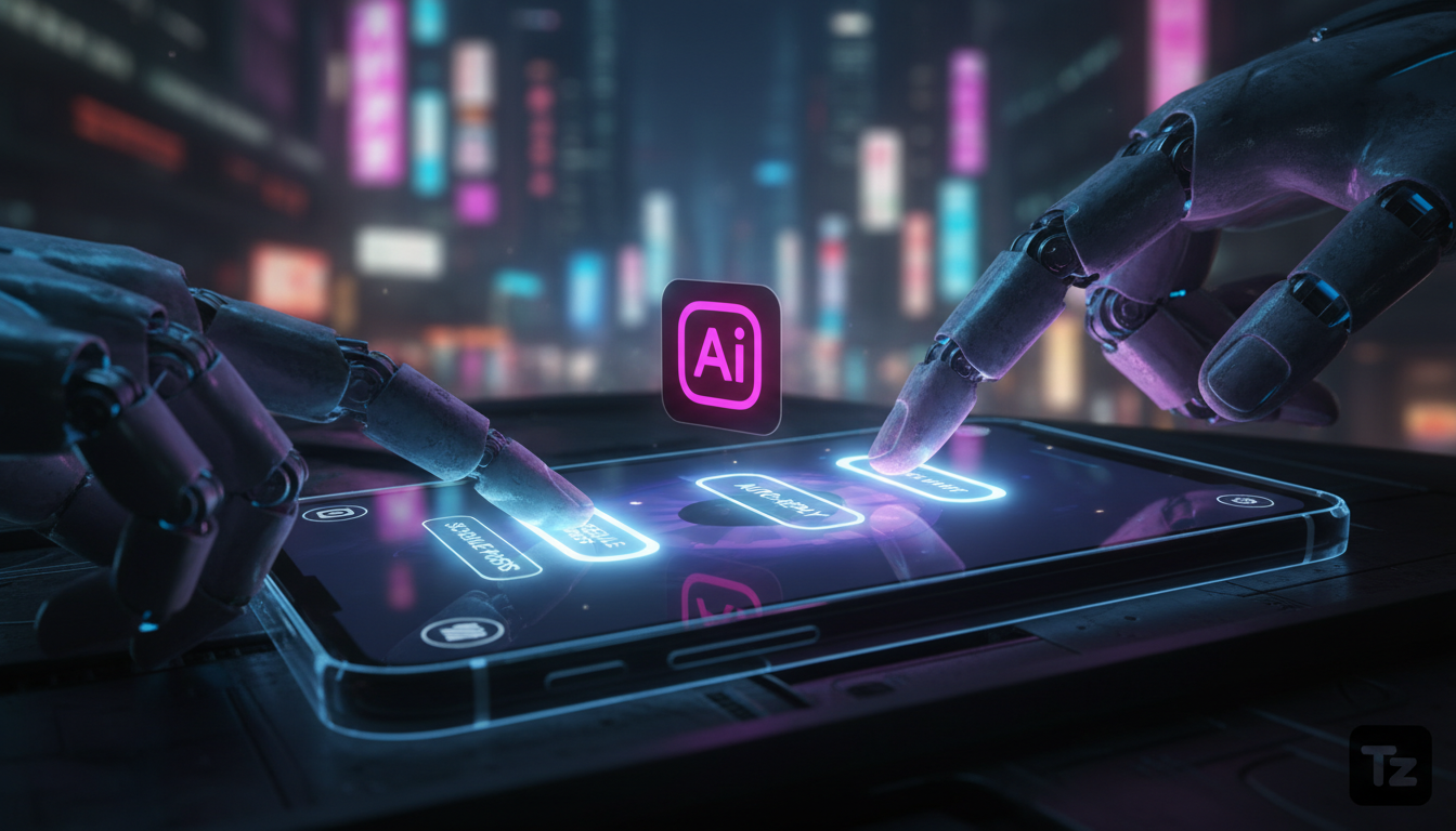 Automação no Instagram e o futuro do trabalho — Close-up de um smartphone exibindo a interface do Instagram. Vários dedos estilizados tocam a tela, interagindo com botões virtuais que representam açõe