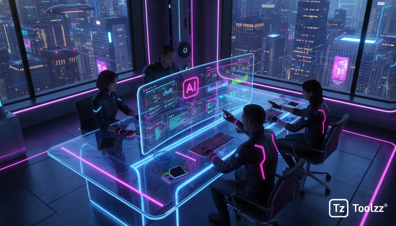 Automação no Instagram e o futuro do trabalho — Visão aérea de uma equipe de marketing digital trabalhando em um escritório moderno e iluminado. Em um dos monitores, uma interface gráfica da Toolzz AI