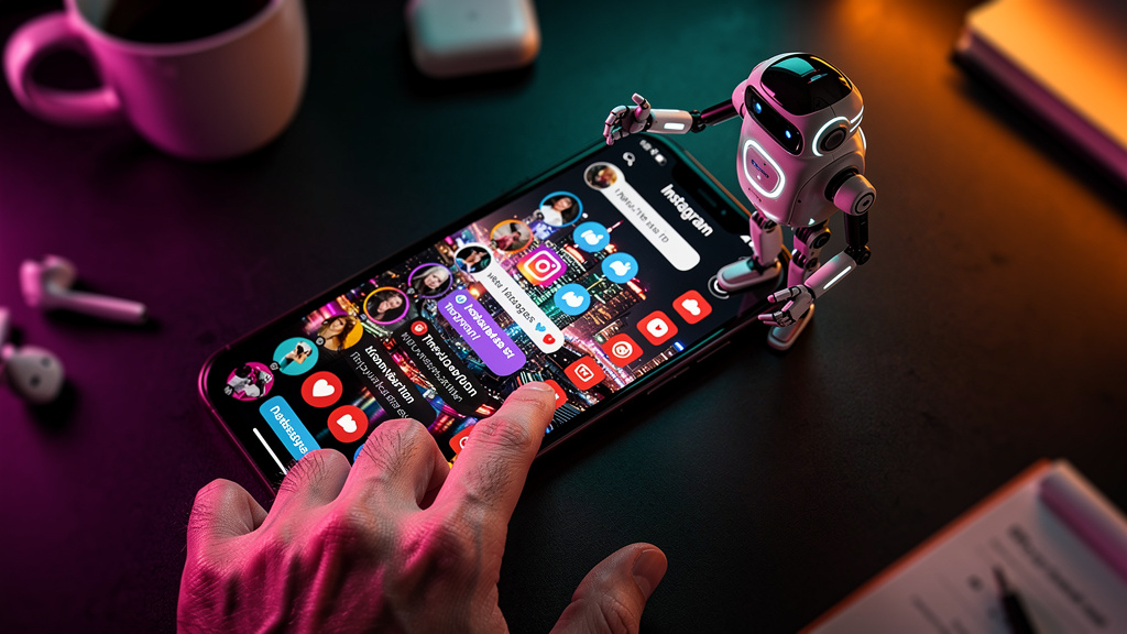 Automação no Instagram para resolver falta de tempo — Uma tela de smartphone exibindo uma caixa de entrada do Instagram repleta de mensagens não lidas e notificações. Uma mão está prestes a tocar na t