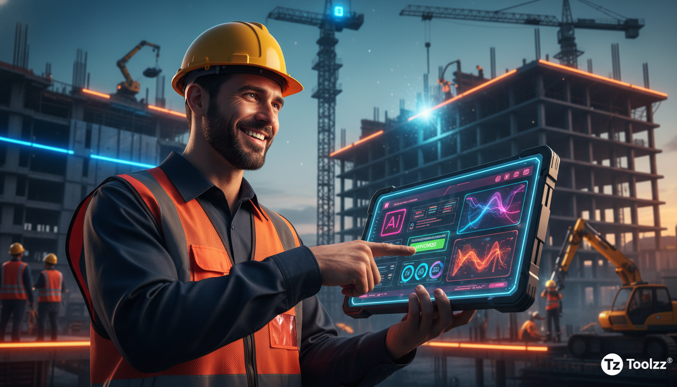 Automatização de Permissões com IA: Mais Eficiência para seu Negócio — Um engenheiro de construção utilizando um tablet em um canteiro de obras. O tablet exibe uma interface da Toolzz com um painel de