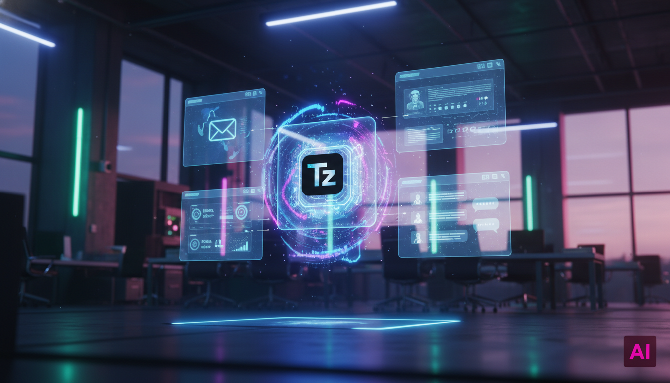 Automatização Inteligente: O Futuro da Eficiência Empresarial — Um agente de IA, visualizado como uma interface holográfica flutuante, interagindo simultaneamente com diversas plataformas empresariais