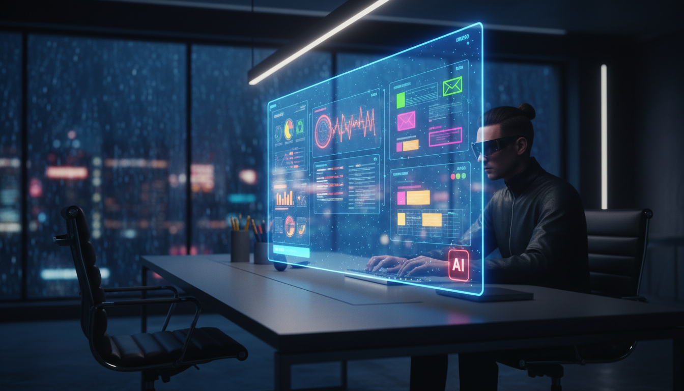 Automatização Inteligente: O Futuro da Produtividade Empresarial — Um agente de IA visualizado como uma interface holográfica flutuando em um escritório moderno e minimalista. O agente está interagind