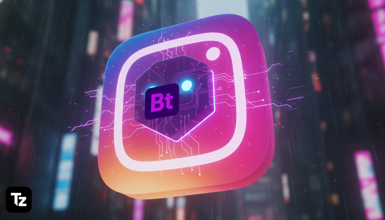 Automatizando tarefas repetitivas via Chatbot Instagram — Close-up de um ícone de chatbot estilizado, emergindo de dentro do logo do Instagram. O ícone do chatbot tem o logo da Toolzz sutilmente incor