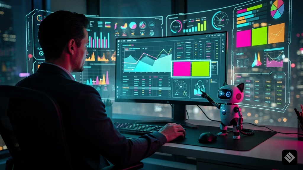 Automatizando tarefas repetitivas via Content Marketing IA — Um profissional de marketing analisando um painel de controle complexo com dados de SEO e análise de conteúdo. Vários gráficos e tabelas sã