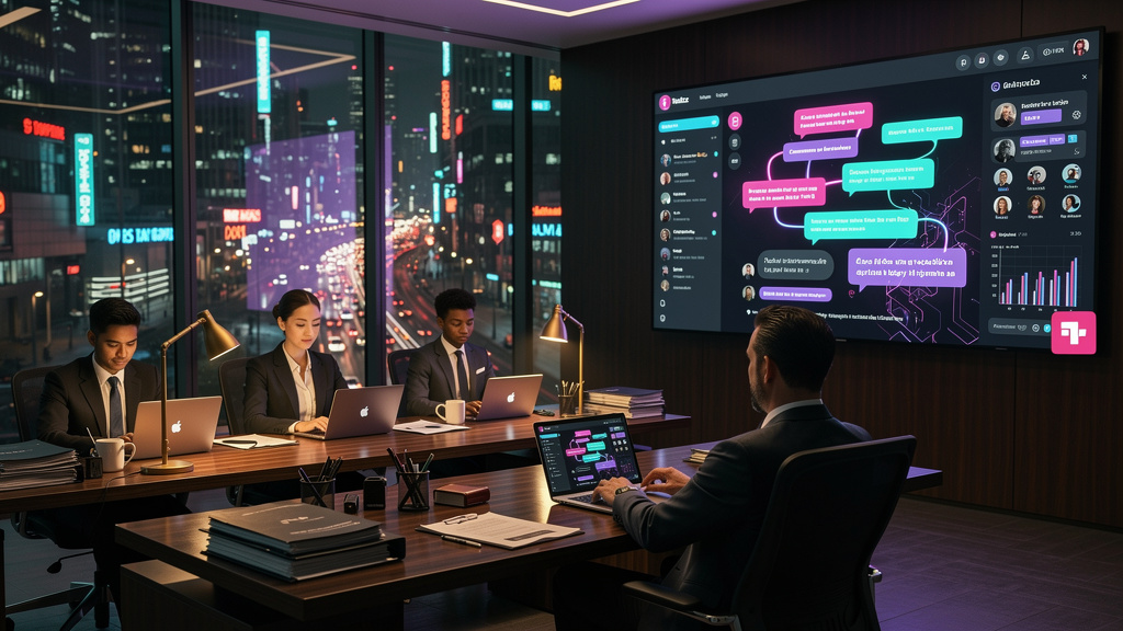 Automatizando tarefas repetitivas via Influencer AI — Um escritório de advocacia moderno com grandes janelas e vista para a cidade. Vários advogados estão sentados em suas mesas, concentrados em seus 