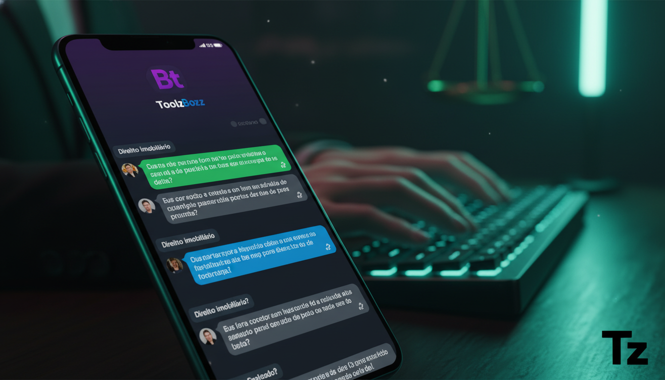 Automatizando tarefas repetitivas via Instagram 2026 — Close-up de um smartphone mostrando a interface de um chatbot da Toolzz Bots em ação, respondendo a perguntas de um potencial cliente sobre direi