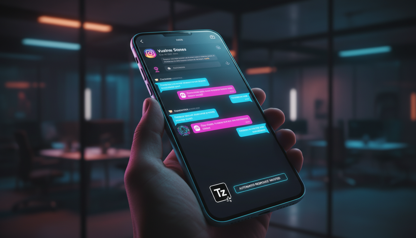 Automatizando tarefas repetitivas via Instagram 2026 — Close-up de um smartphone mostrando uma interface do Instagram com mensagens automatizadas sendo enviadas e recebidas. A tela exibe um chatbot de