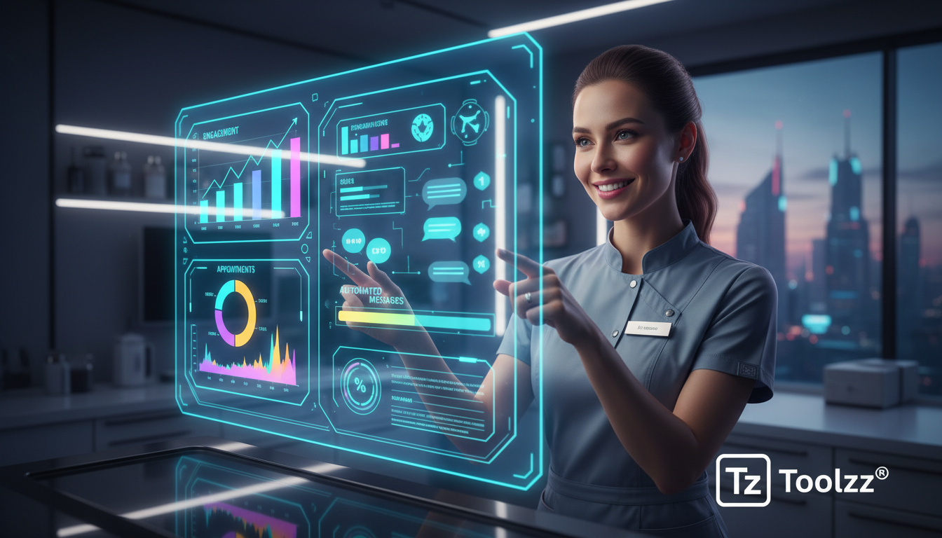 Automatizando tarefas repetitivas via Instagram: 7 Estratégias para Odontologia  — Dentista sorrindo e gesticulando enquanto aponta para um dashboard complexo exibindo métricas de automação de marketi