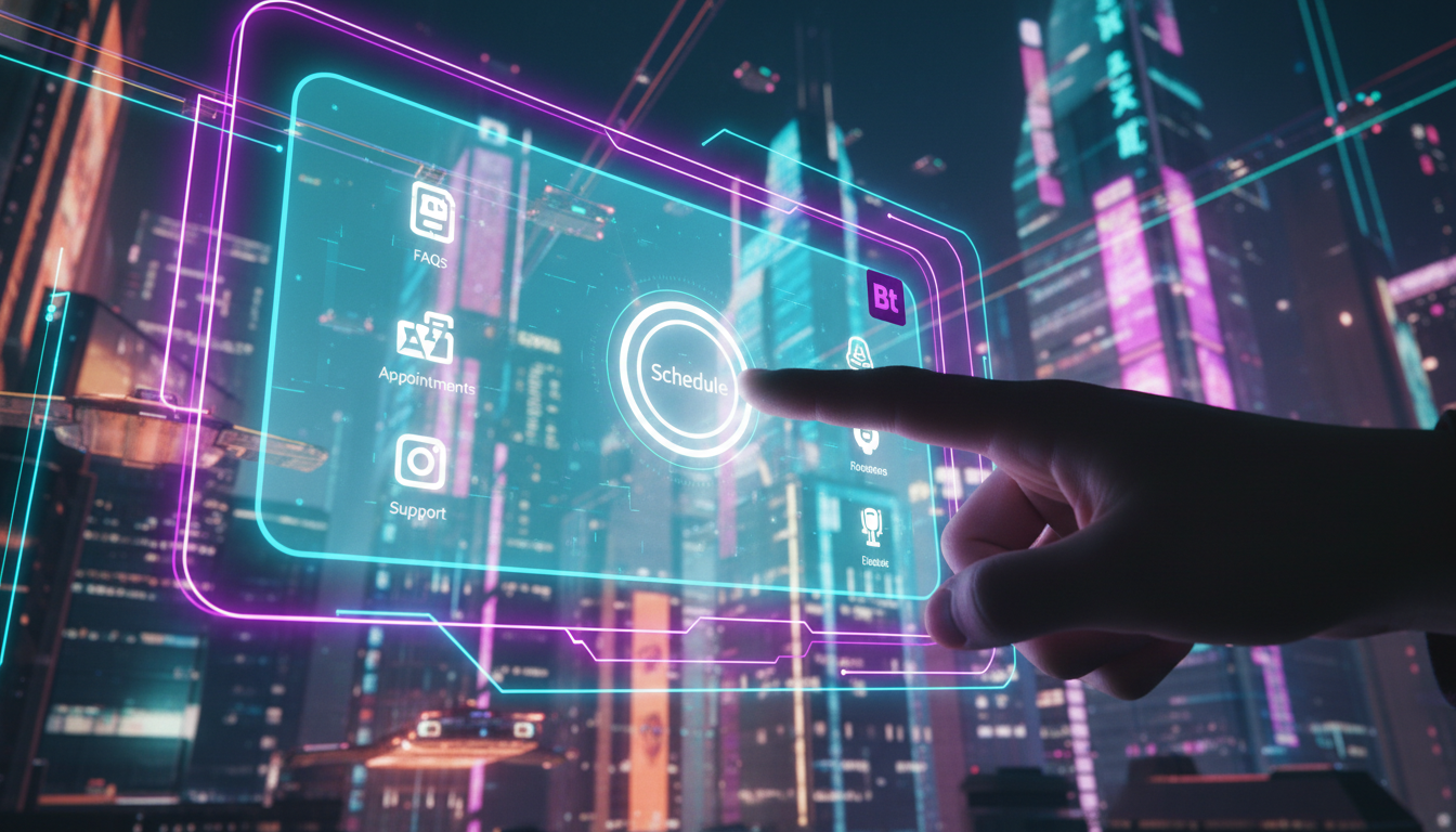 Automatizando tarefas repetitivas via Instagram — Close-up de um dedo tocando em um botão de agendamento em um chatbot do Instagram, com o logo da Toolzz integrado sutilmente no design da interface. A