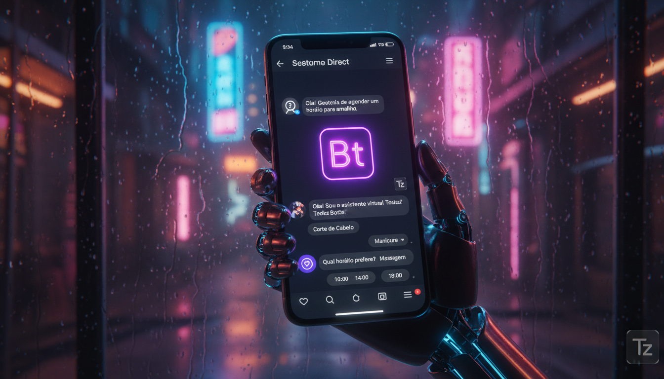 Automatizando tarefas repetitivas via Instagram — Close-up de um smartphone exibindo uma conversa no Instagram Direct. A conversa mostra um cliente interagindo com um bot de agendamento, com respostas