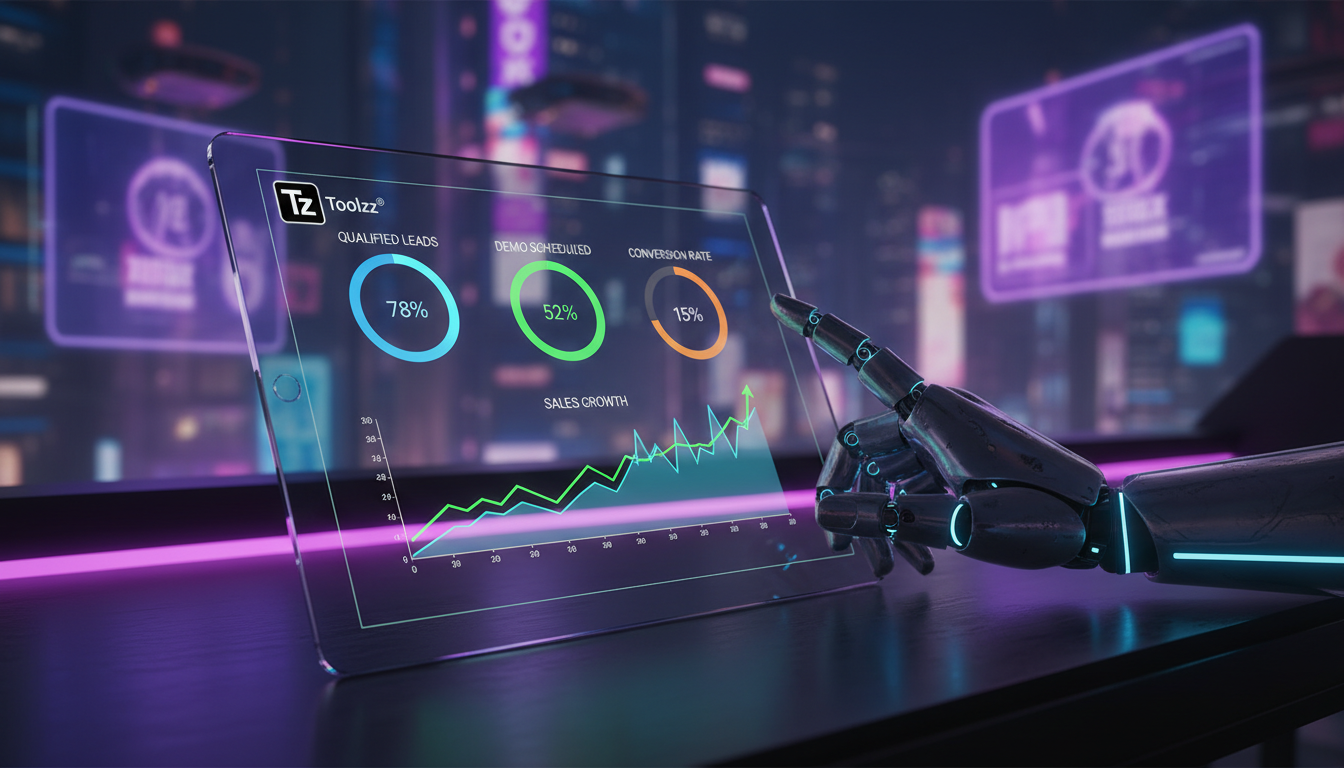 Automatizando tarefas repetitivas via Instagram — Close-up de uma tela de tablet mostrando um painel de controle de um Agente AI SDR da Toolzz. O painel exibe métricas de leads qualificados, agendamen
