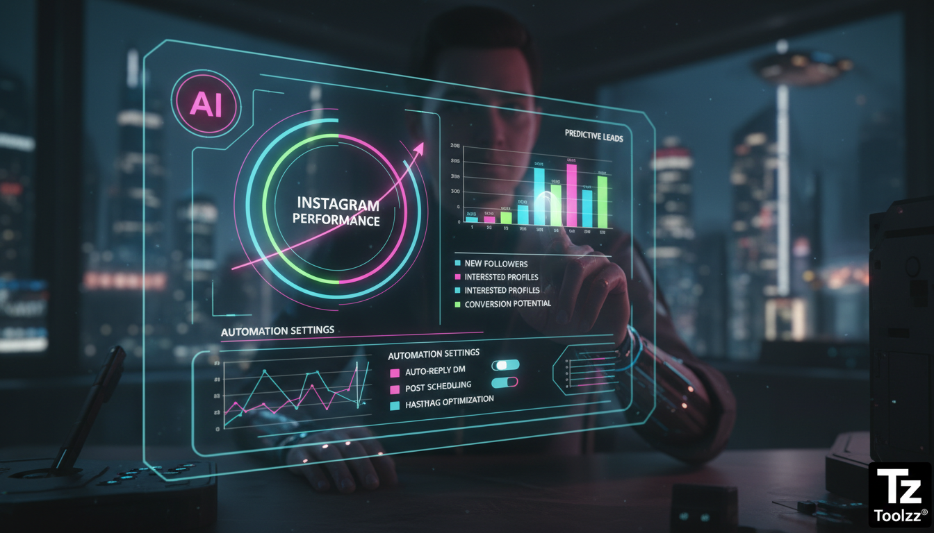 Automatizando tarefas repetitivas via Instagram em 2026 — Close-up de uma tela holográfica mostrando um painel de controle intuitivo da Toolzz AI. O painel exibe dados analíticos preditivos do Instagr