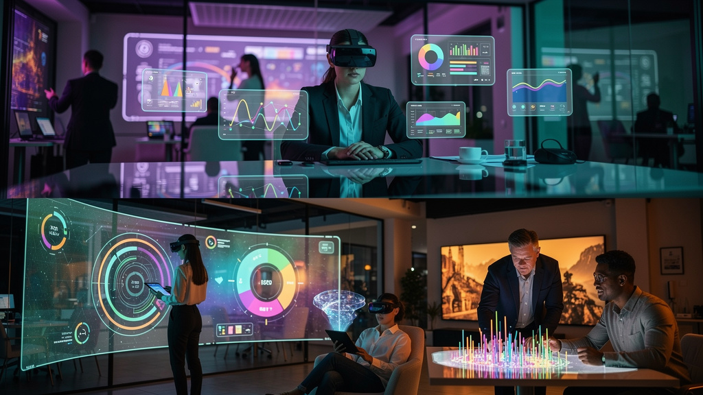 AVA Dinâmico: O Futuro da Experiência de Aprendizagem — Um diagrama infográfico dividido em duas partes para carrossel. Parte 1: No topo, um painel mostrando um funcionário usando um headset VR em um 