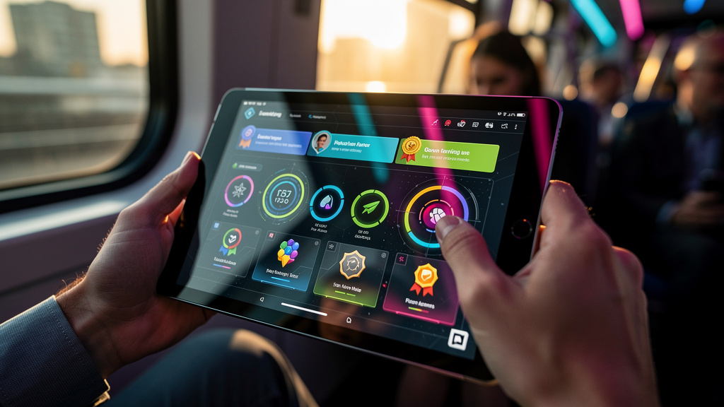 AVA Dinâmico: Transforme o Treinamento da sua Empresa — Close-up de um tablet sendo usado em um trem. A tela do tablet mostra um curso interativo da Toolzz LXP, com elementos de gamificação (barras de