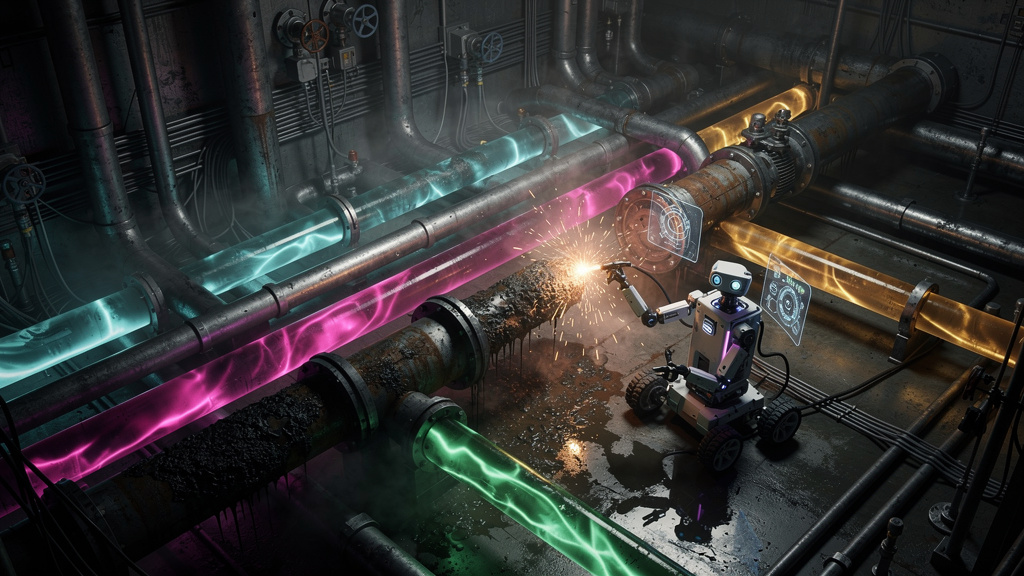 AWS Fargate e Service Discovery: Otimizando a Comunicação entre Serviços com IA — Ilustração isométrica de um labirinto de canos interconectados, representando a complexidade da comunicação entre micr