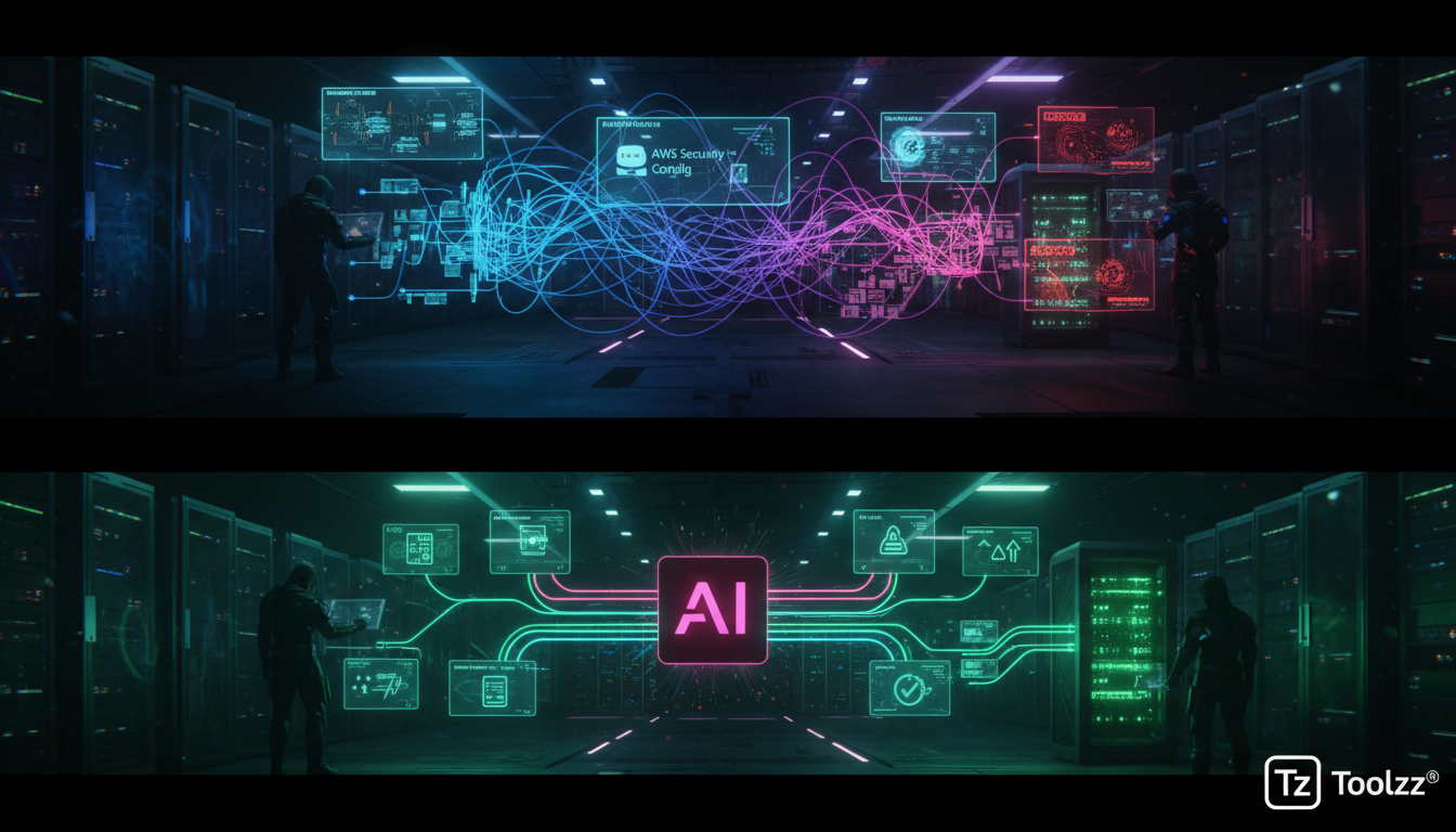 AWS Security e IA: Automatizando a Proteção na Nuvem — Um diagrama infográfico dividido em duas partes (superior/inferior para carrossel). Parte superior: Fluxograma mostrando o processo tradicional d