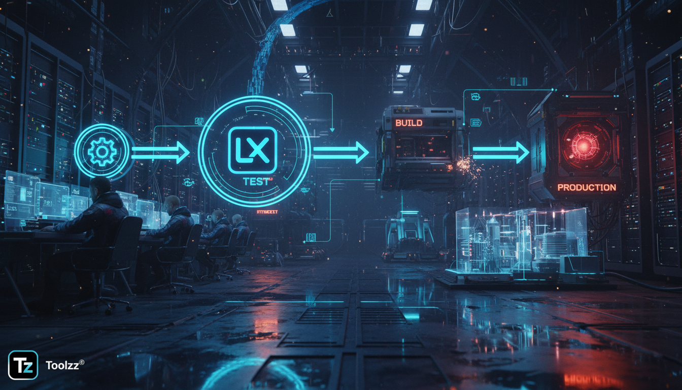 Backend em Produção: CI/CD, Observabilidade e Terraform — Diagrama visual de um pipeline de CI/CD. Fluxo começando com desenvolvedores enviando código, passando por testes automatizados (com Toolzz se