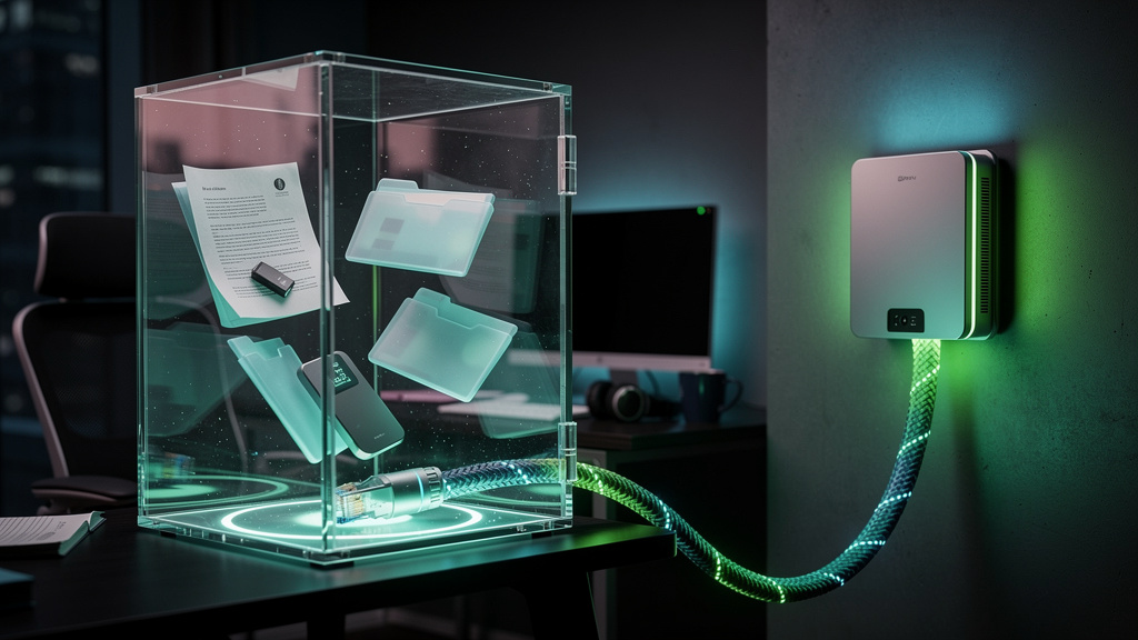 Backup Automático: Proteja seus Dados no EAD — Ilustração de um cofre digital transparente, com documentos e arquivos flutuando dentro. Um cabo de rede conecta o cofre a um servidor na nuvem, com o lo