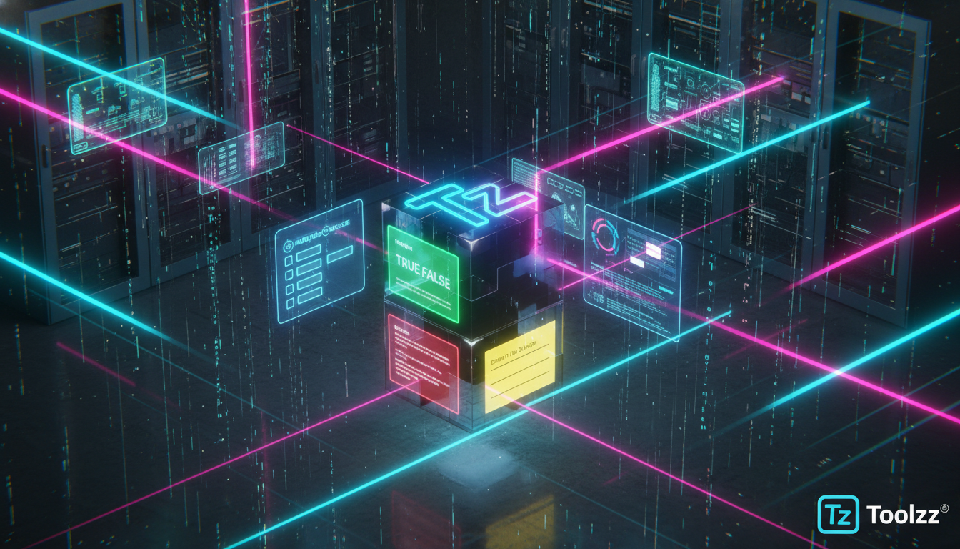Banco de Questões é a solução para engajamento em Educação Corporativa — Ilustração isométrica de um cubo mágico onde cada face representa um diferente tipo de questão: múltipla escolha, verdadeiro/fa