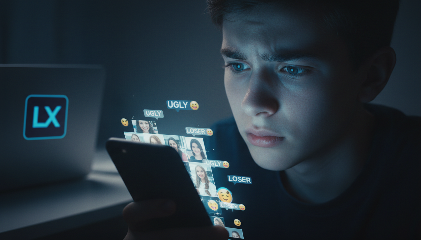 Banimento de Redes Sociais para Crianças: Impacto e Soluções — Close-up de um rosto de adolescente parcialmente iluminado pela tela de um smartphone. A expressão é de crescente ansiedade e auto-dúvida