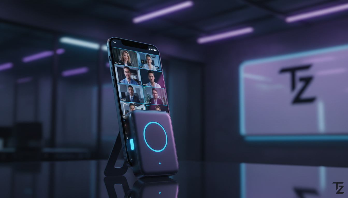 Bateria Externa Qi2 MagGo da Anker: Carregamento MagSafe Otimizado — A brightly lit studio shot featuring the Anker Qi2 MagGo power bank standing upright using its built-in stand, holding an iPhone 17