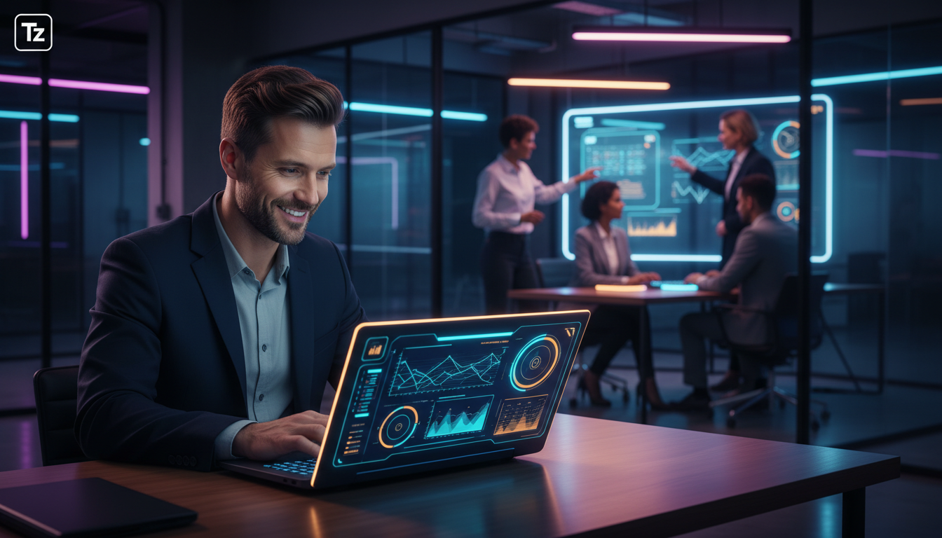 Benchmark: como sua empresa se compara em controle de matrículas? — Um administrador de treinamento sorrindo enquanto observa um dashboard da Toolzz LXP em seu laptop. O dashboard exibe métricas de ma