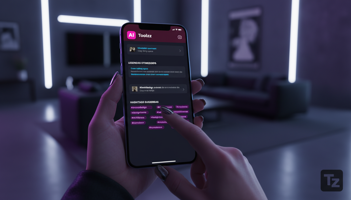 Benchmark: como sua empresa se compara em IA para Redes Sociais? — Um close-up das mãos de um designer de interiores usando um smartphone. Na tela, a interface da Toolzz AI mostra sugestões de legenda