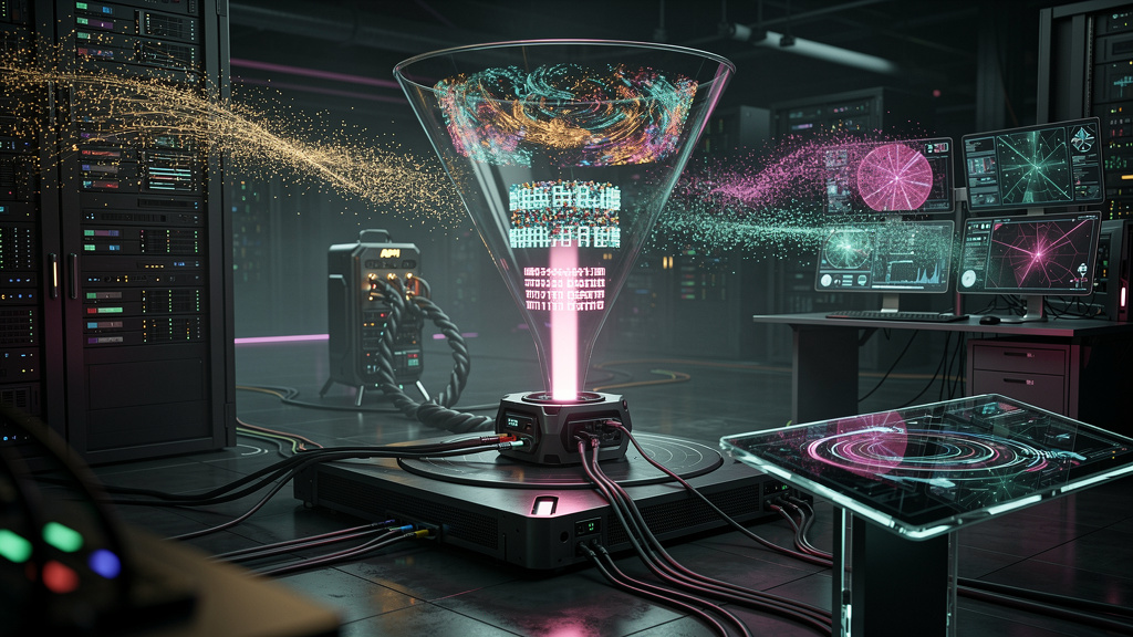 Benchmark: como sua empresa se compara em MCP (Model Context Protocol) — Representação visual do fluxo de dados no Model Context Protocol (MCP). Um funil estilizado, com o logo da Toolzz discretamente