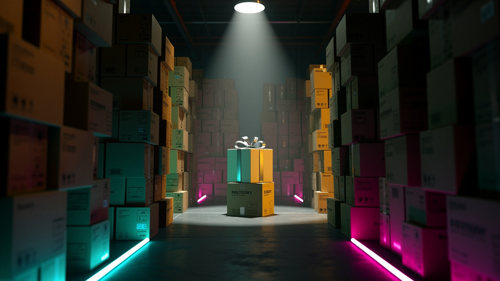 Benchmark: como sua empresa se compara em Upsell (2026) — Um labirinto complexo feito de caixas de produtos não abertos, simbolizando as oportunidades de upsell perdidas. Uma única caixa, destacada co