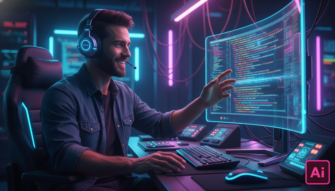 Billy: Seu Assistente de Código Local com IA (Sem Assinaturas) — Um desenvolvedor sorrindo, usando um headset, gesticula para um monitor que exibe um trecho de código complexo sendo gerado em tempo re